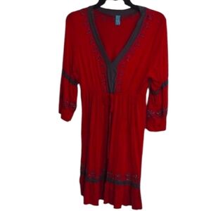 Urban Mango Beaded V-Neck  Red Dress Large Embroidered